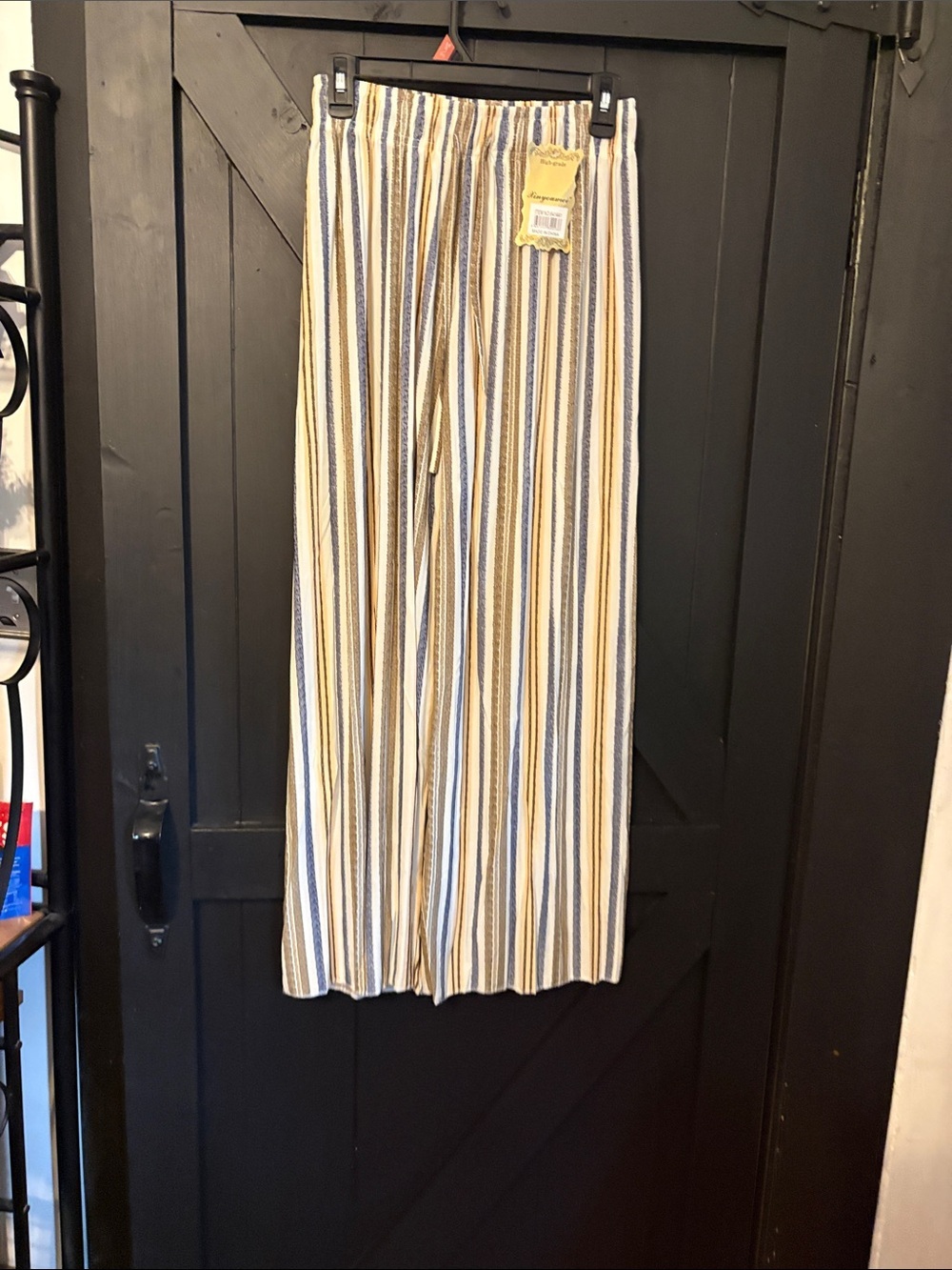 Striped Wide-Leg Pull-On Pants in Blue, Tan & White